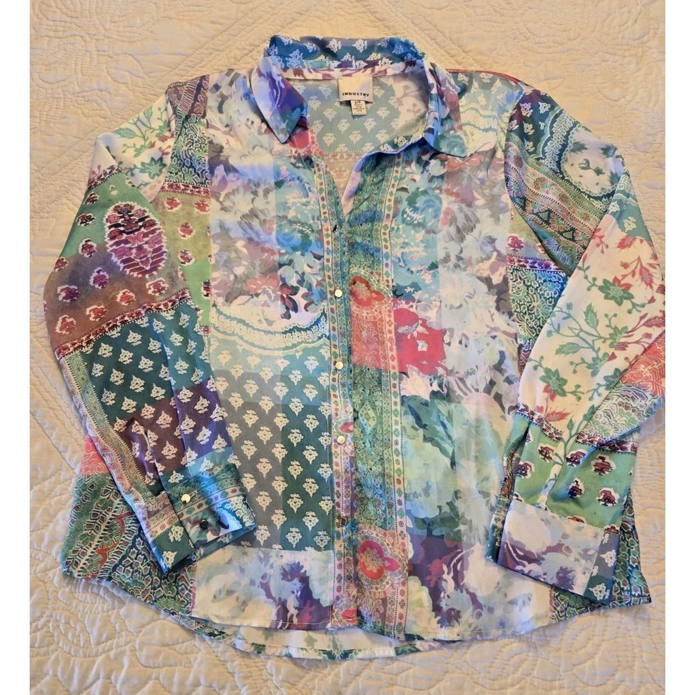 Industry Shirt Womens L Pink Green Floral Button Up Blouse Colorful Print Top